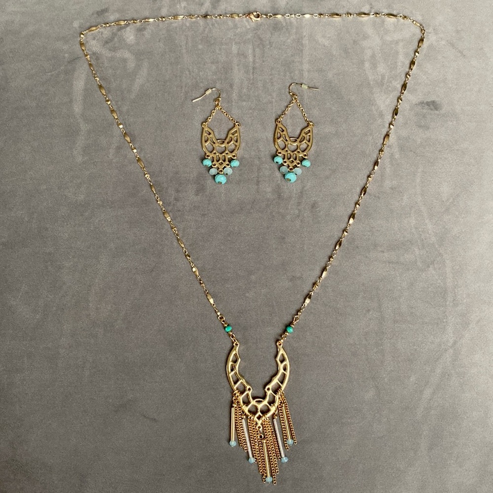 Gold Chain Turquoise Statement Necklace and Earring Set